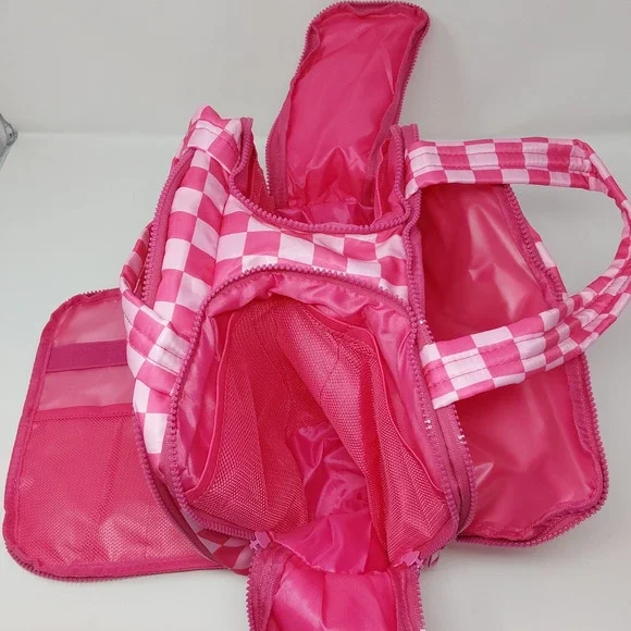 Pink Checkered Makeup Bag Travel Organizer Cosmetic Case Multi-Compartment - Picture 5 of 8